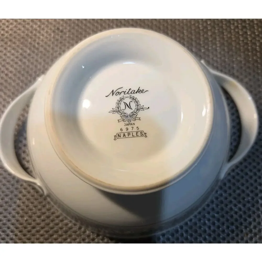 Noritake China Naples 6975 Tea Pot Sugar Bowl And Creamer White Gray Trim